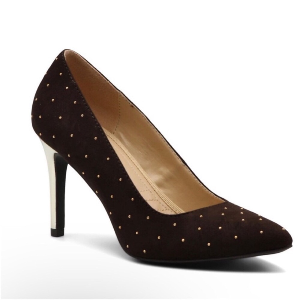 ADRIENNE VITTADINI Naji Studded Pumps SZ 7 Brown Faux Suede Pointed Toe Career